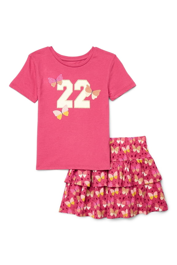 Little Girls 2-Piece Short Sleeve Graphic Tee and Skirt Set, Sizes 4-10