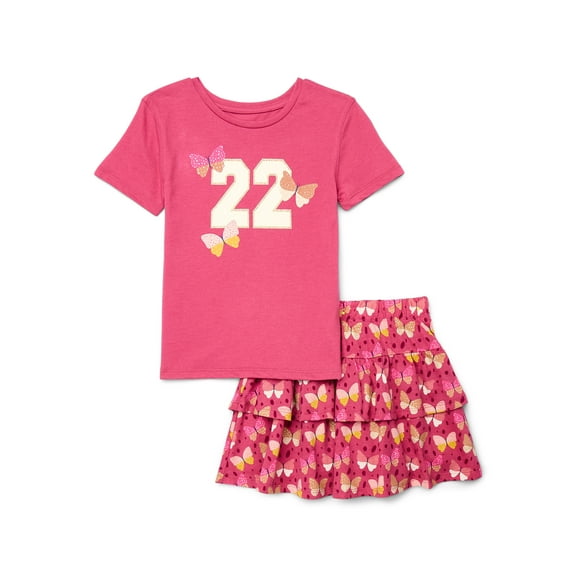 Wonder Nation Little Girls 2-Piece Short Sleeve Graphic Tee and Skirt Set, Sizes 4-10
