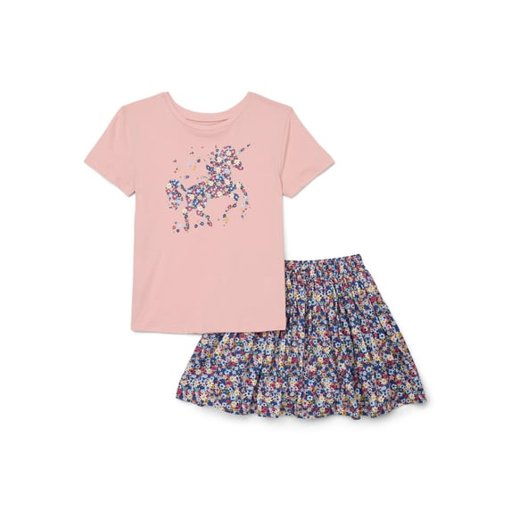 Wonder Nation Little Girls 2-Piece Short Sleeve Graphic Tee and Skirt Set, Sizes 4-10