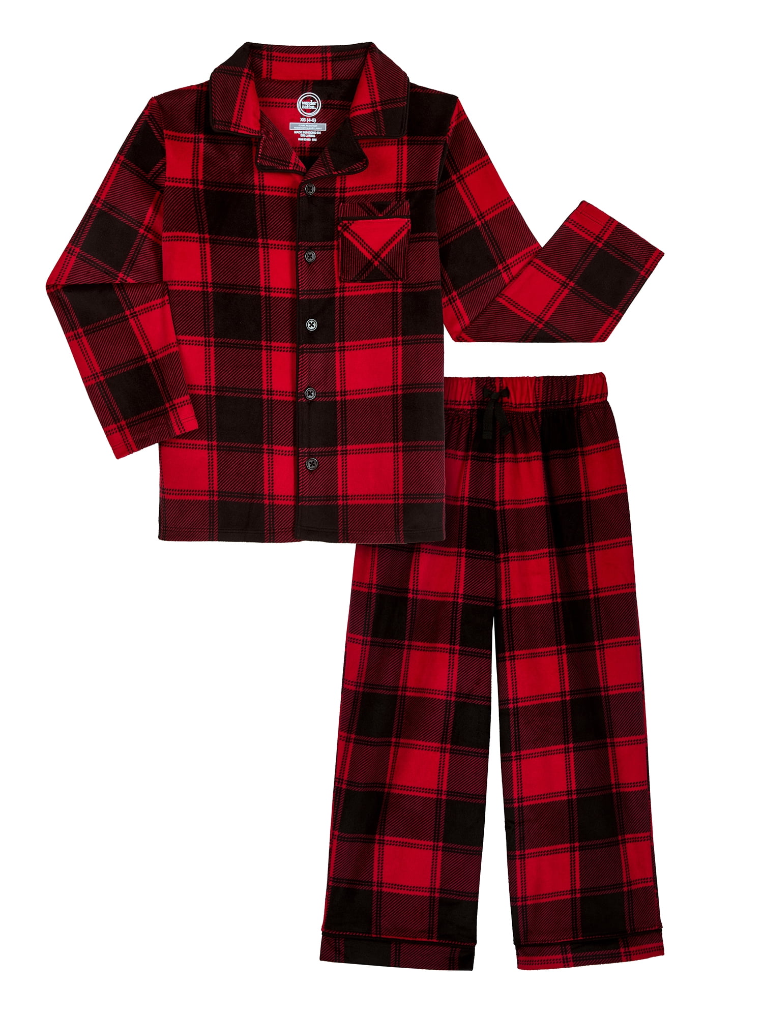 Wonder Nation Boys Long Sleeve Button Front Pajama Top and Pants Set, 2-Piece, Sizes 4-18
