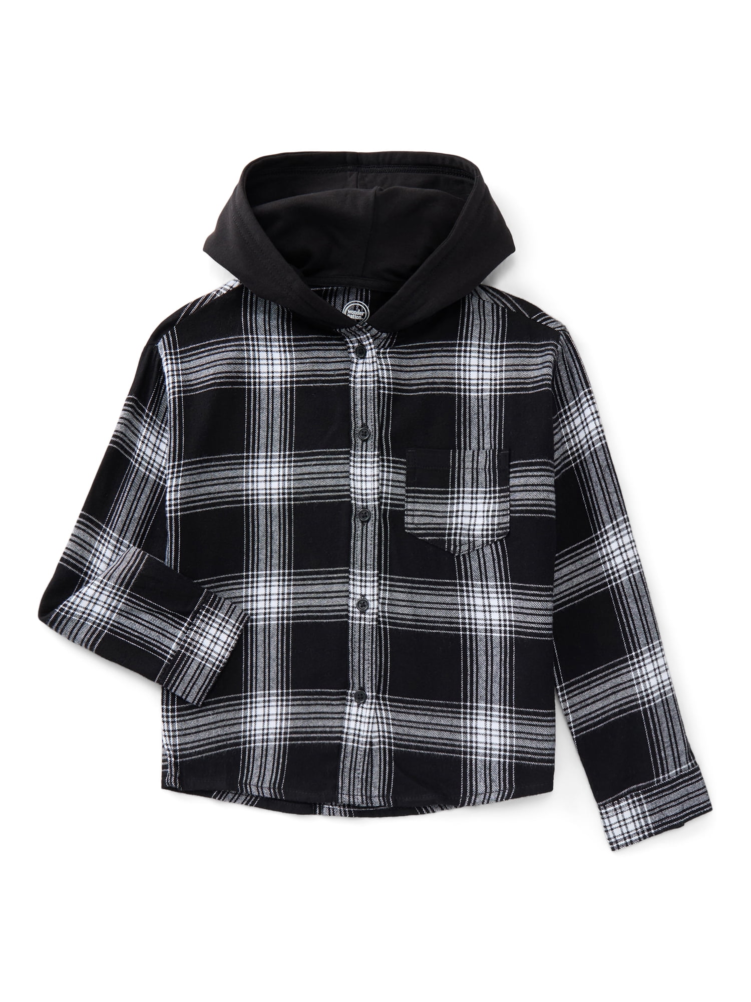 Wonder Nation Girls' Hooded Flannel Shirt with Long Sleeves, Sizes 4-18 & Plus
