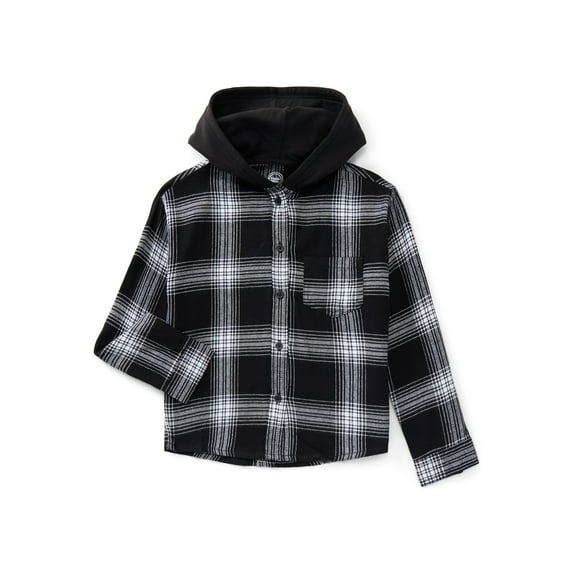 Wonder Nation Girls' Hooded Flannel Shirt with Long Sleeves, Sizes 4-18 & Plus