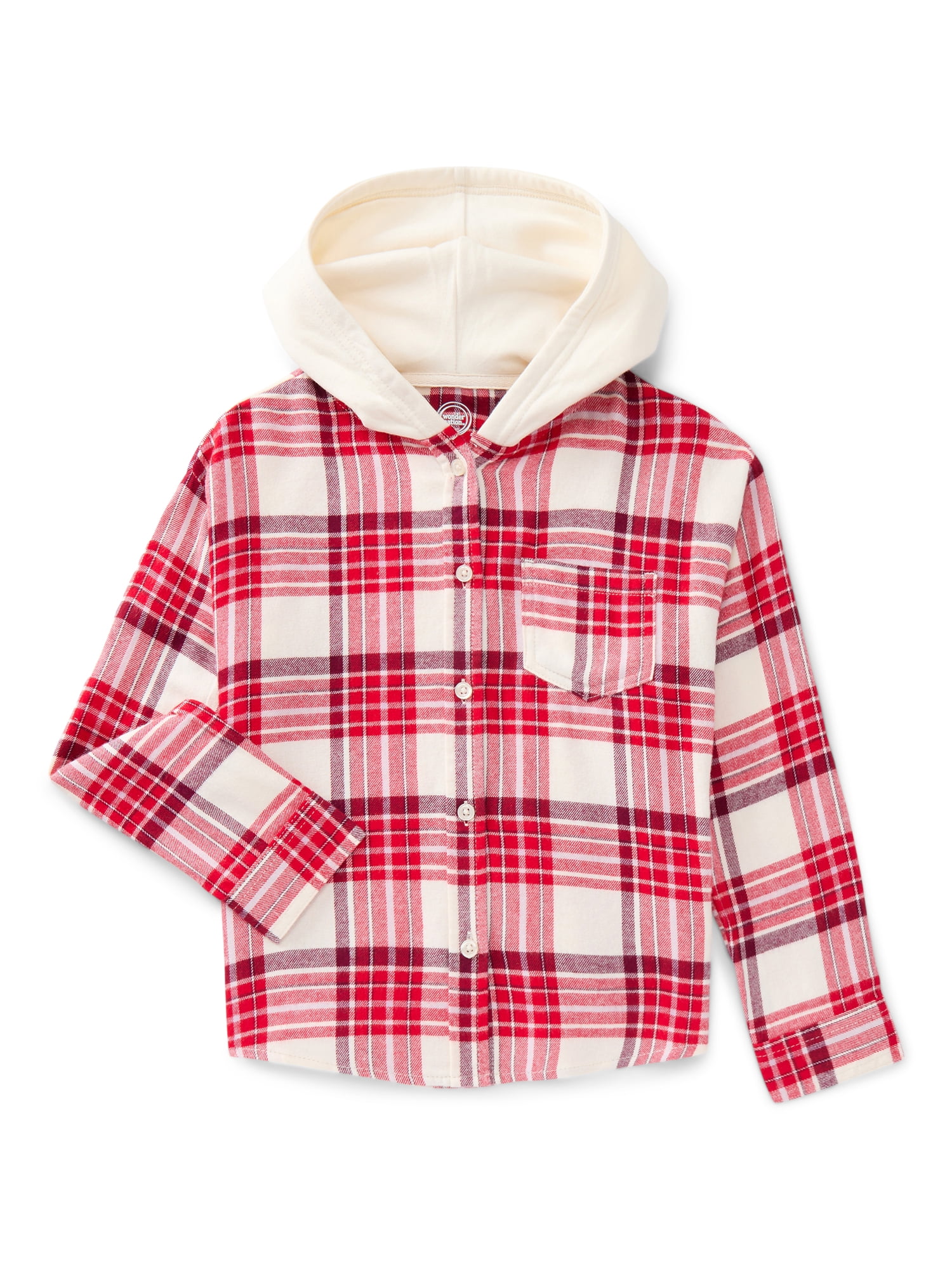 Wonder Nation Girls' Hooded Flannel Shirt with Long Sleeves, Sizes 4-18 & Plus