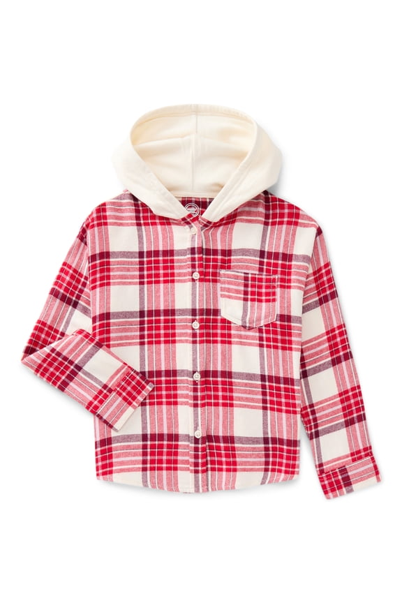 Girls' Hooded Flannel Shirt with Long Sleeves, Sizes 4-18 & Plus
