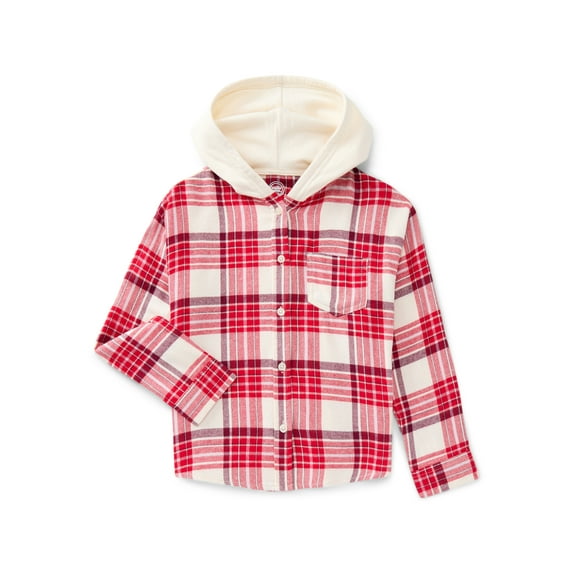 Wonder Nation Girls' Hooded Flannel Shirt with Long Sleeves, Sizes 4-18 & Plus