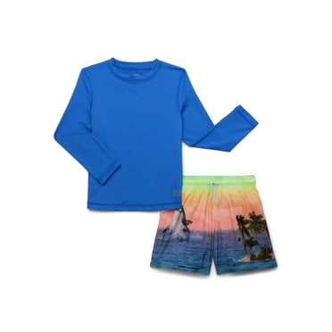 Wonder Nation Boys Long Sleeve Rashguard and Swim Trunks Set with UPF 50+, 2-Piece, Sizes 4-18 & Husky