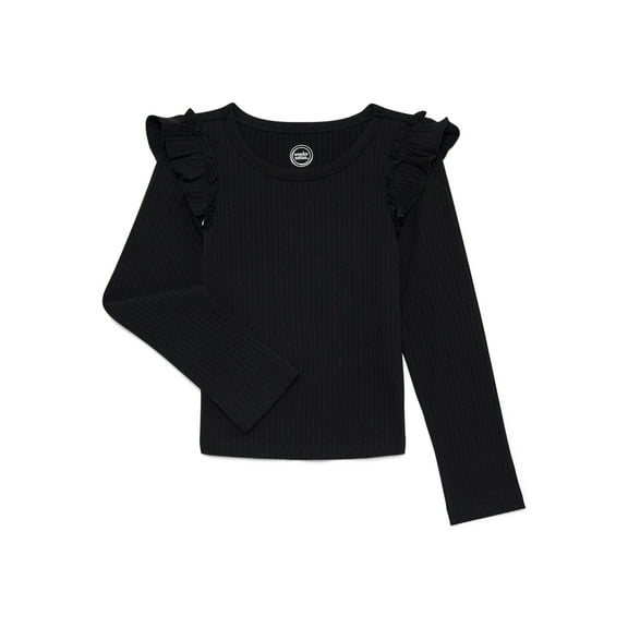 Wonder Nation Girls Long Sleeve Ruffle Shoulder Tee, Sizes 4-18 & Plus