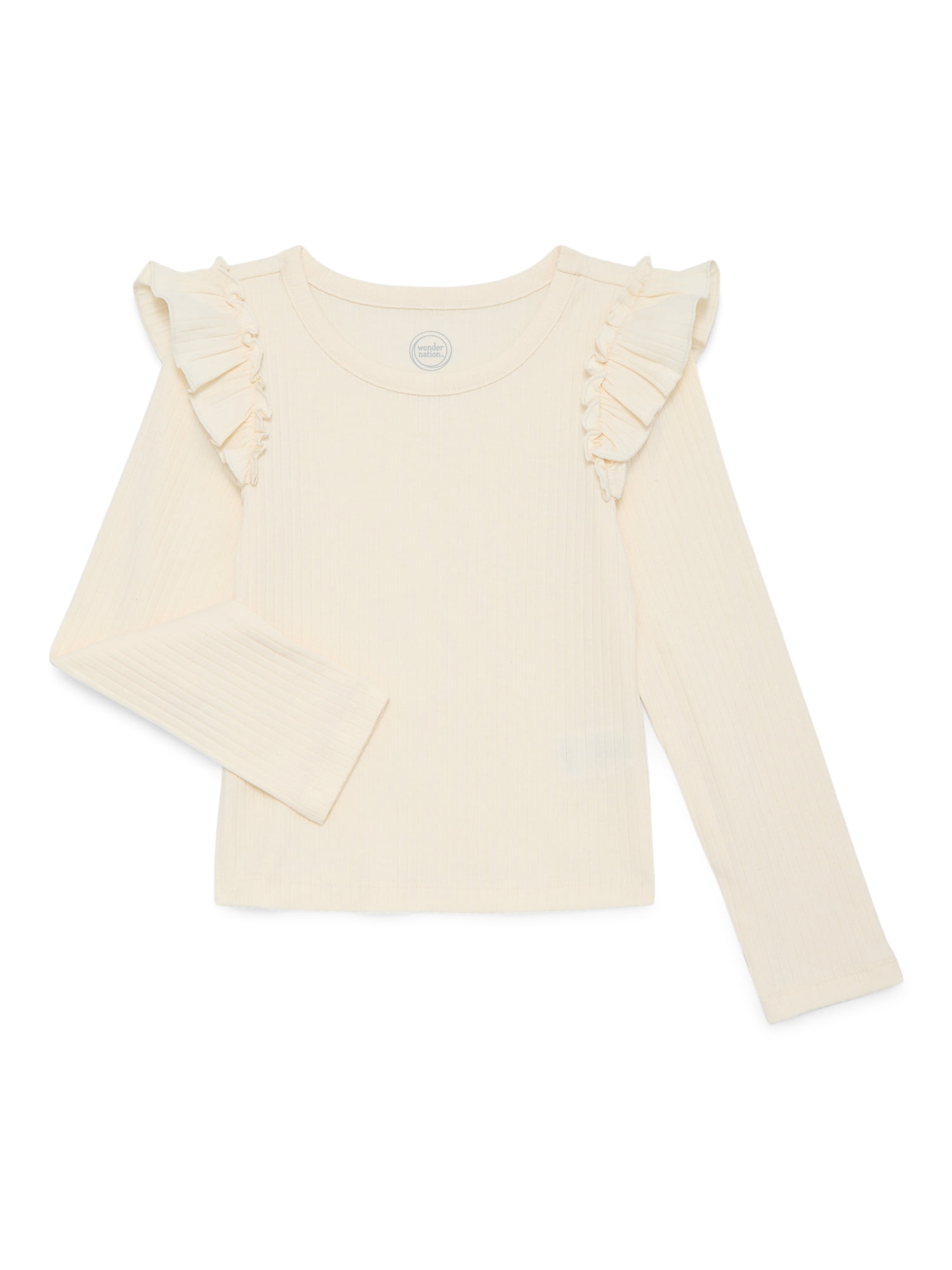 Wonder Nation Girls Long Sleeve Ruffle Shoulder Tee, Sizes 4-18 & Plus