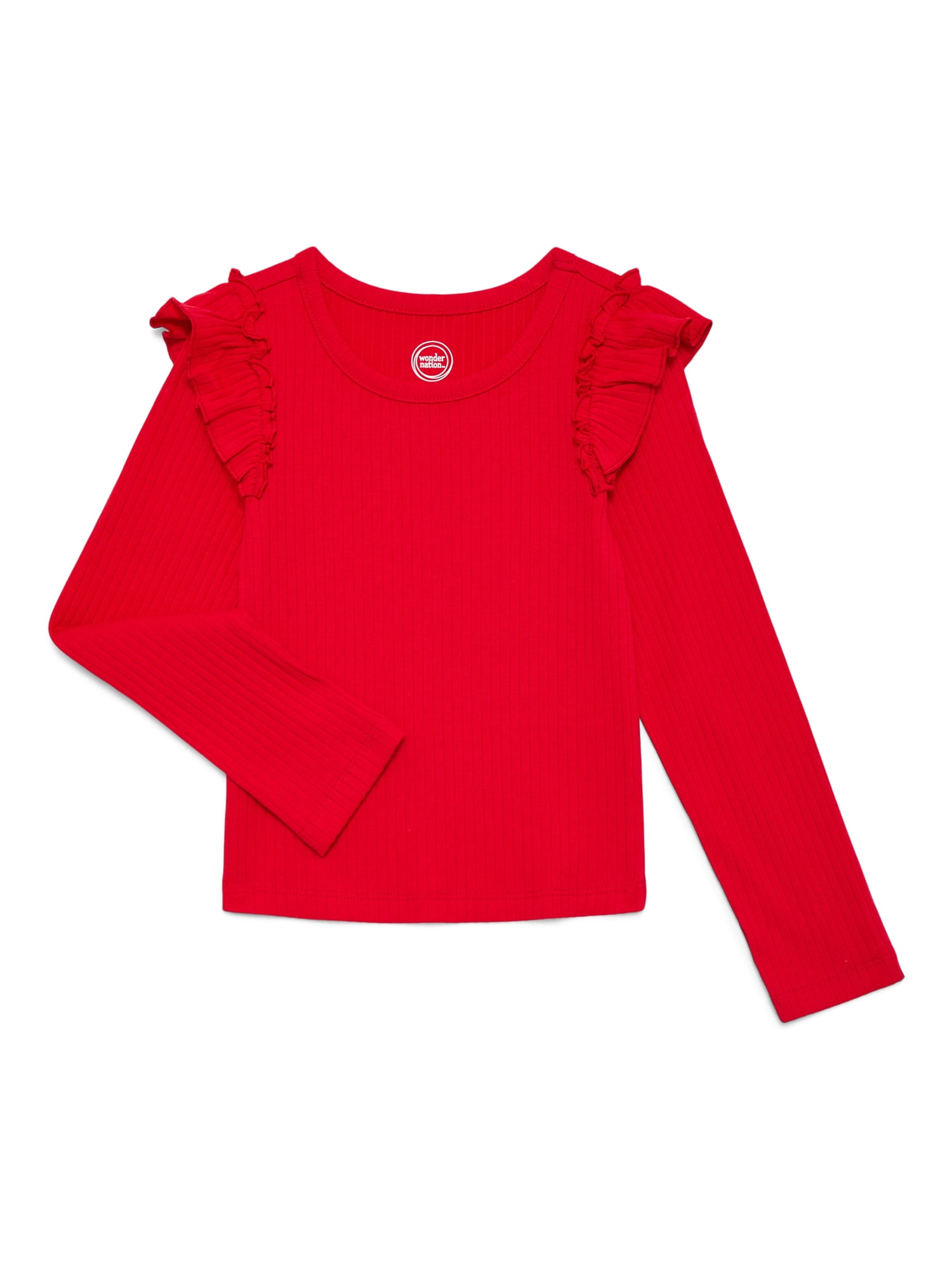 Wonder Nation Girls Long Sleeve Ruffle Shoulder Tee, Sizes 4-18 & Plus