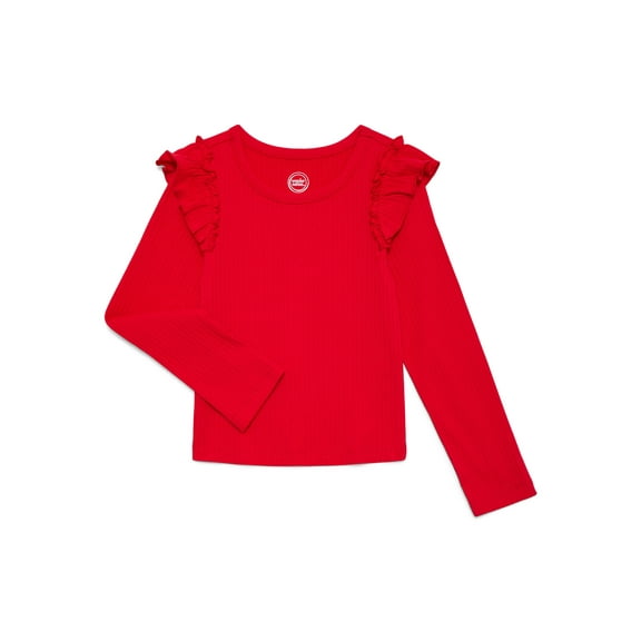 Wonder Nation Girls Long Sleeve Ruffle Shoulder Tee, Sizes 4-18 & Plus