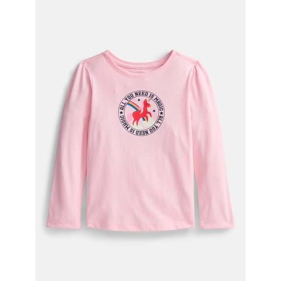Wonder Nation Baby and Toddler Girls' Graphic Tee with Long Puff Sleeves, Sizes 0M-5T