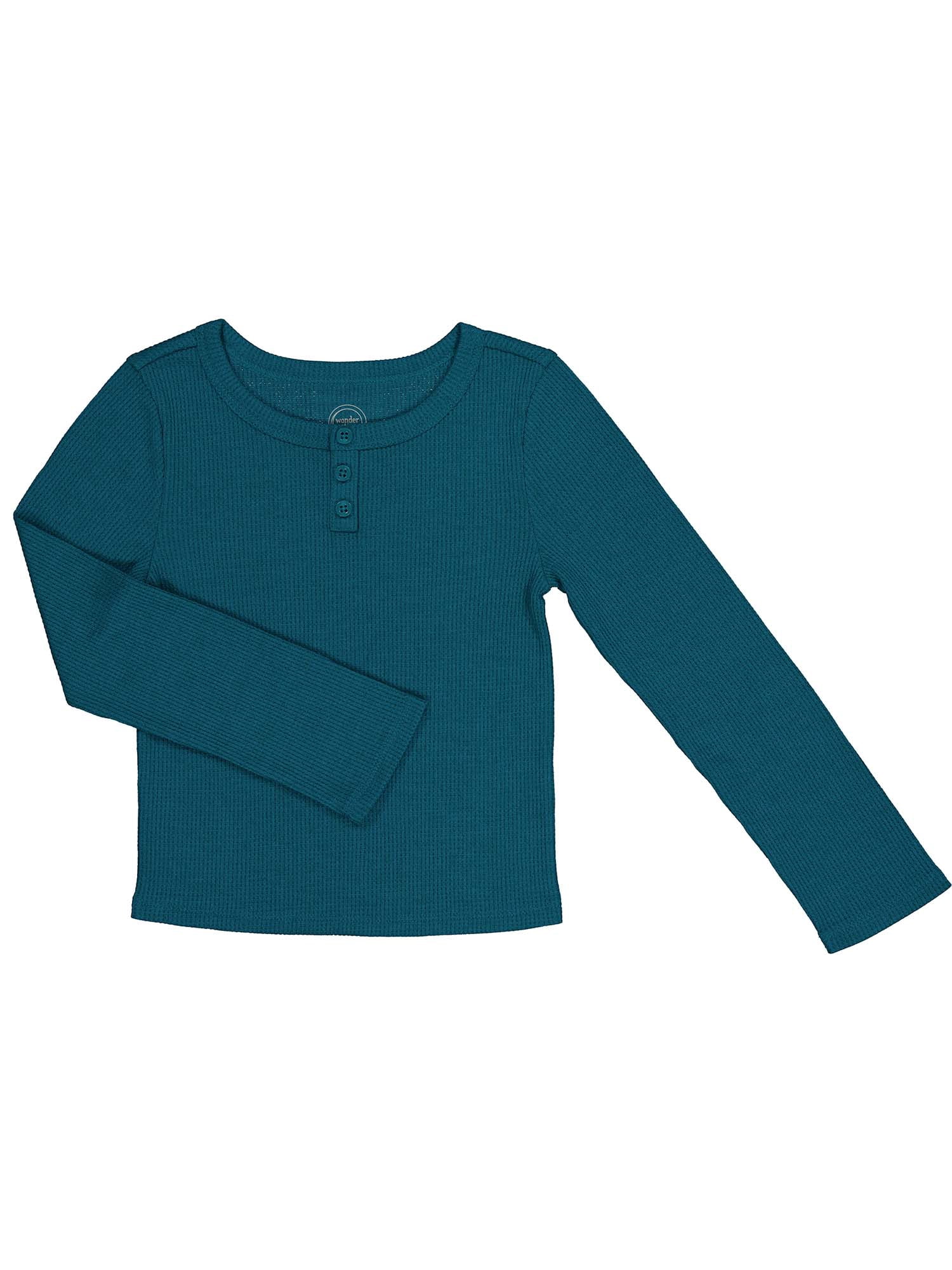 Wonder Nation Girls Long Sleeve Waffle Henley Knit Top, Sizes 4-18 & Plus