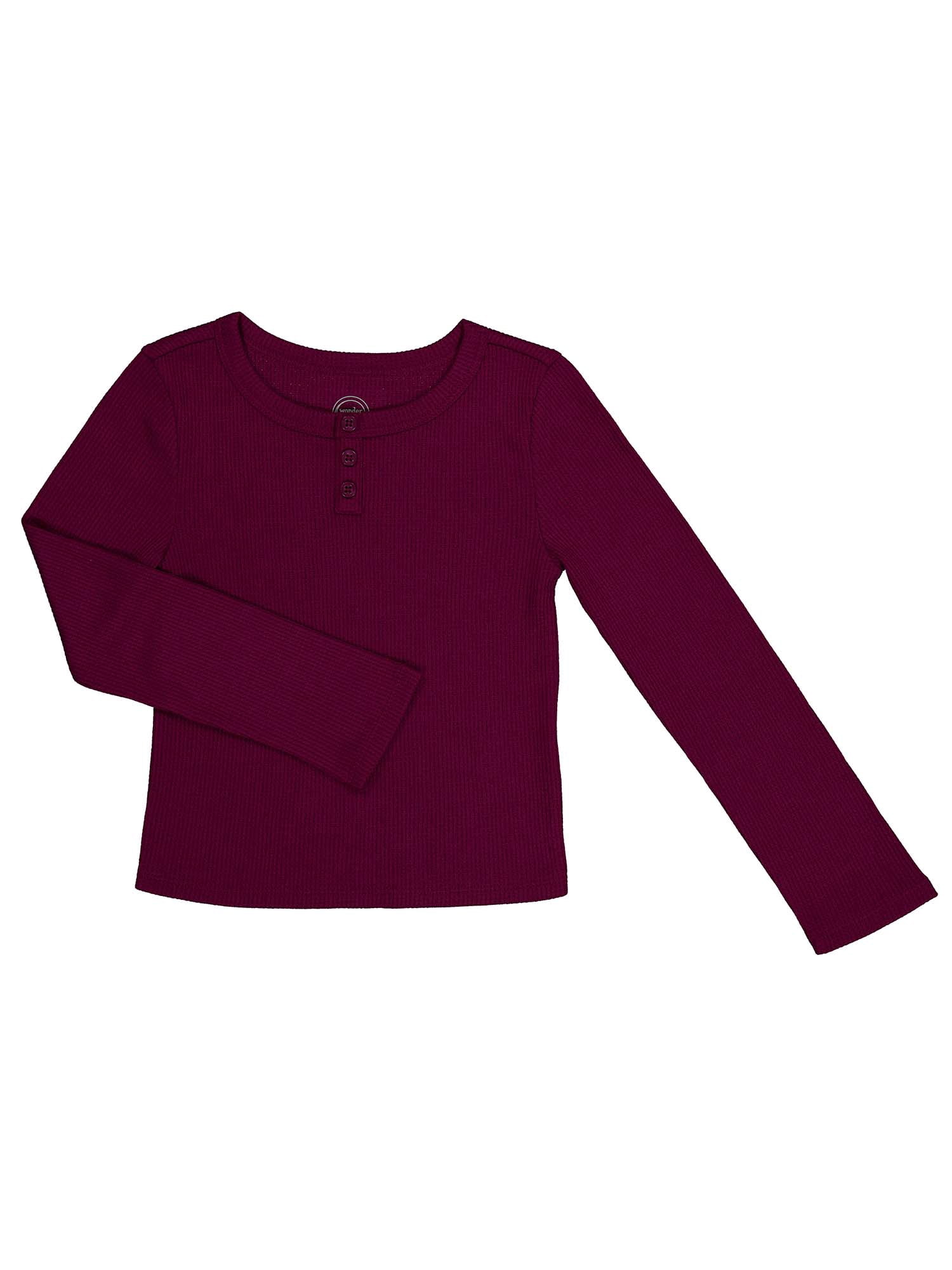 Wonder Nation Girls Long Sleeve Waffle Henley Knit Top, Sizes 4-18 & Plus