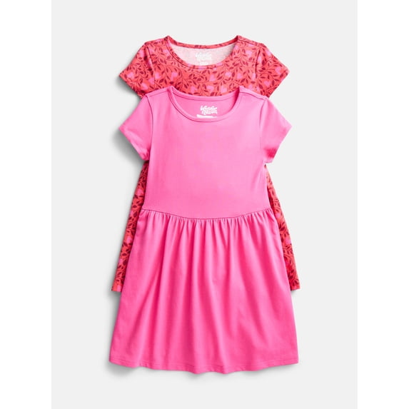 Wonder Nation Little Girls and Big Girls Play Dress with Short Sleeves, 2 Pack, Sizes XS-XXL
