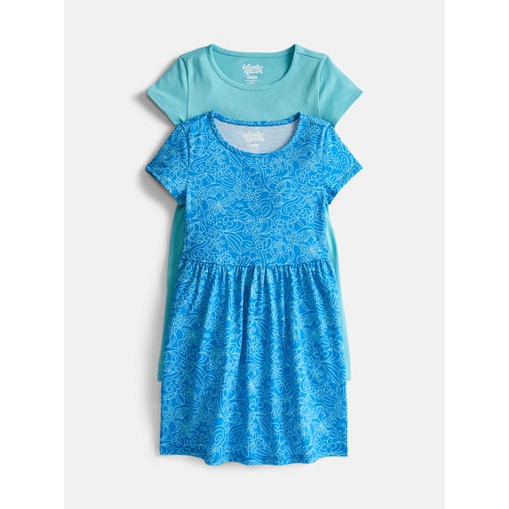 Wonder Nation Little Girls and Big Girls Play Dress with Short Sleeves, 2 Pack, Sizes XS-XXL