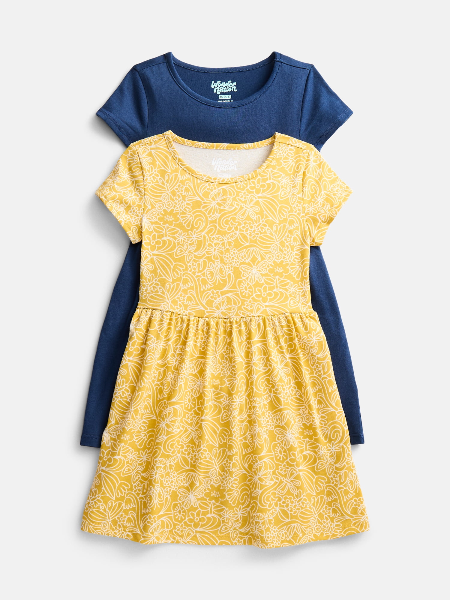 Wonder Nation Little Girls and Big Girls Play Dress with Short Sleeves, 2 Pack, Sizes XS-XXL