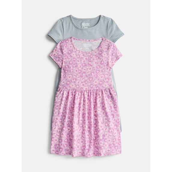 Wonder Nation Little Girls and Big Girls Play Dress with Short Sleeves, 2 Pack, Sizes XS-XXL