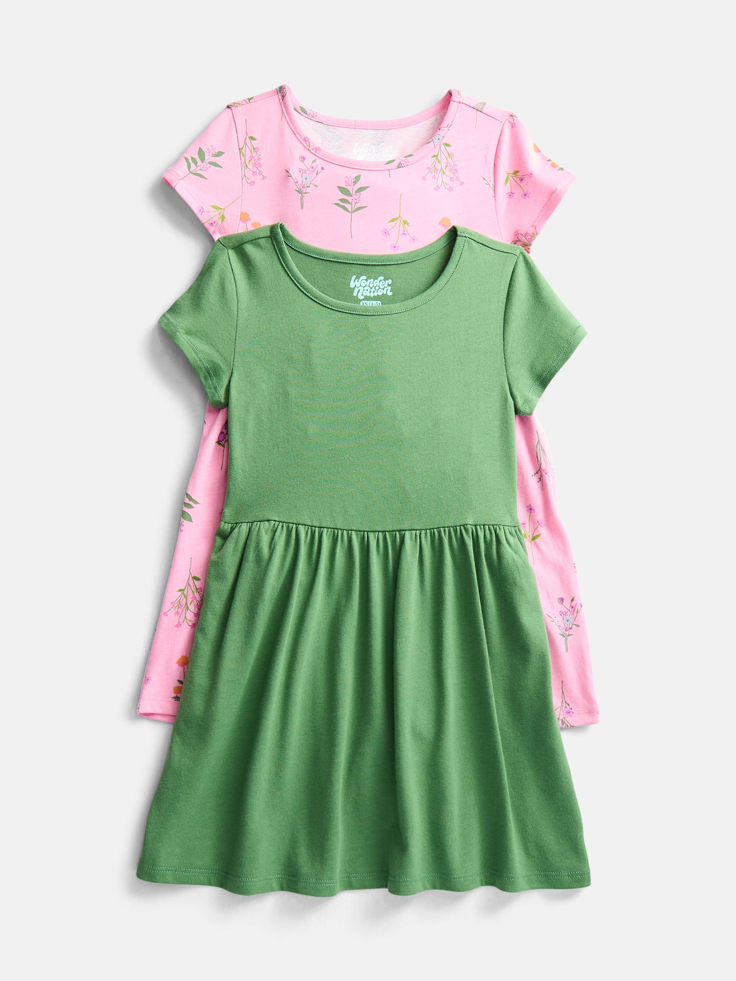 Wonder Nation Little Girls and Big Girls Play Dress with Short Sleeves, 2 Pack, Sizes XS-XXL