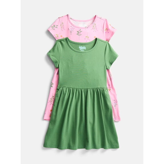 Wonder Nation Little Girls and Big Girls Play Dress with Short Sleeves, 2 Pack, Sizes XS-XXL