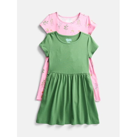 Wonder Nation Little Girls and Big Girls Play Dress with Short Sleeves, 2 Pack, Sizes XS-XXL