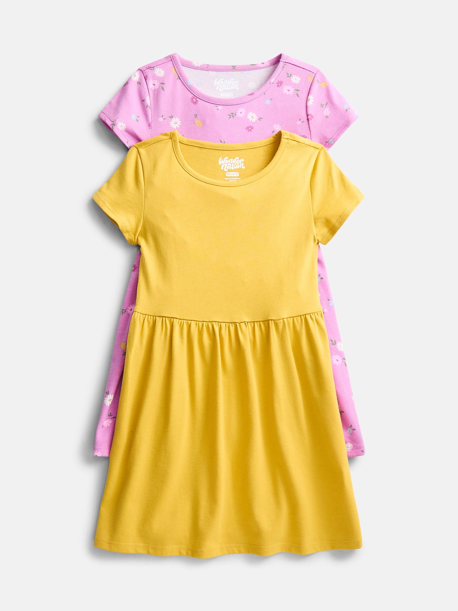 Wonder Nation Little Girls and Big Girls Play Dress with Short Sleeves, 2 Pack, Sizes XS-XXL