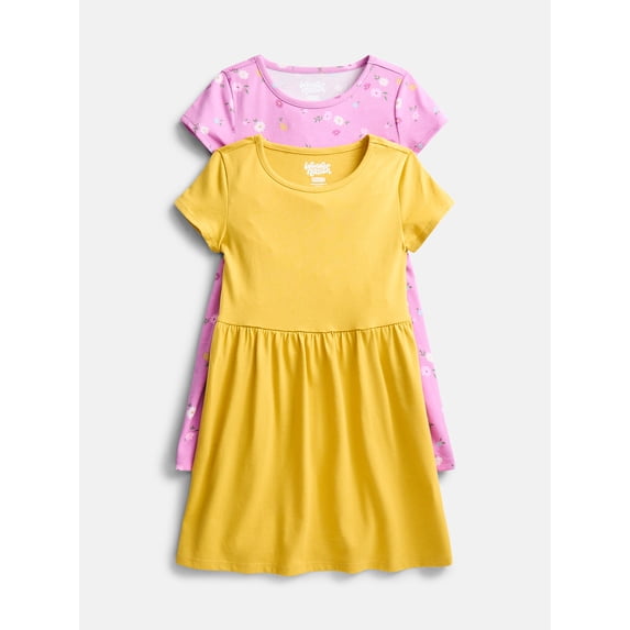 Wonder Nation Little Girls and Big Girls Play Dress with Short Sleeves, 2 Pack, Sizes XS-XXL