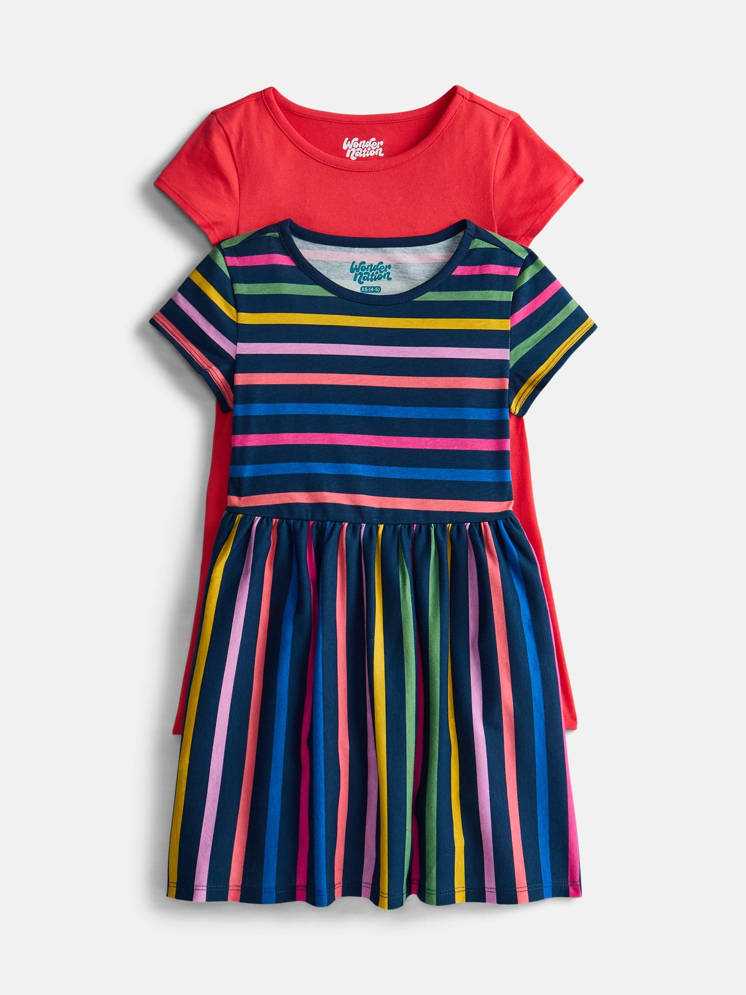 Wonder Nation Little Girls and Big Girls Play Dress with Short Sleeves, 2 Pack, Sizes XS-XXL