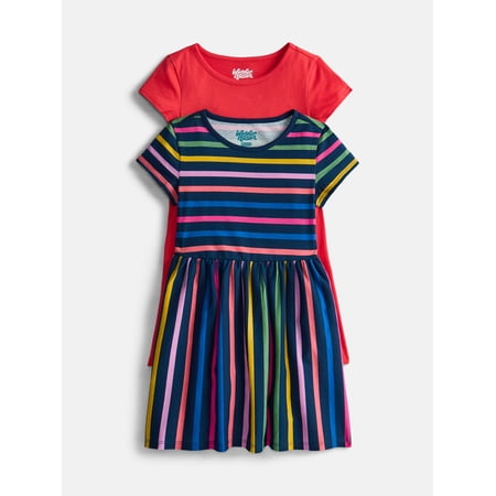 Wonder Nation Little Girls and Big Girls Play Dress with Short Sleeves, 2 Pack, Sizes XS-XXL