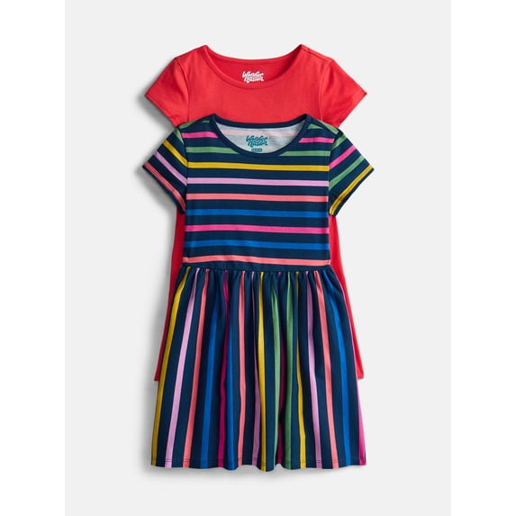 Wonder Nation Little Girls and Big Girls Play Dress with Short Sleeves, 2 Pack, Sizes XS-XXL