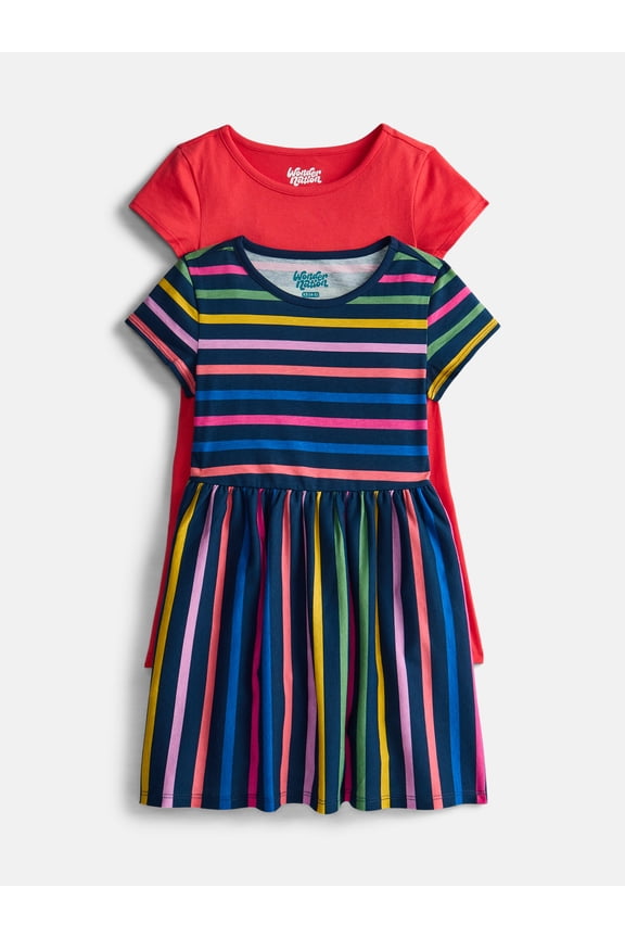 Little Girls and Big Girls Play Dress with Short Sleeves, 2 Pack, Sizes XS-XXL