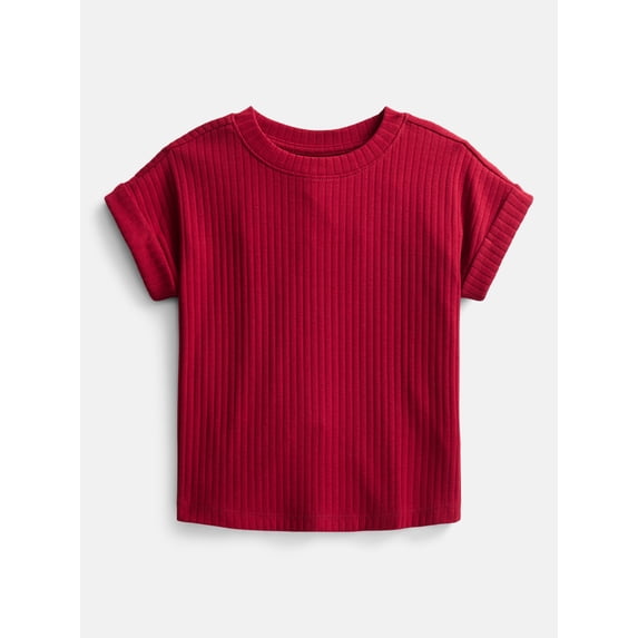 Wonder Nation Girls' Ribbed Knit Top with Short Sleeves, Sizes 4-18 & Plus