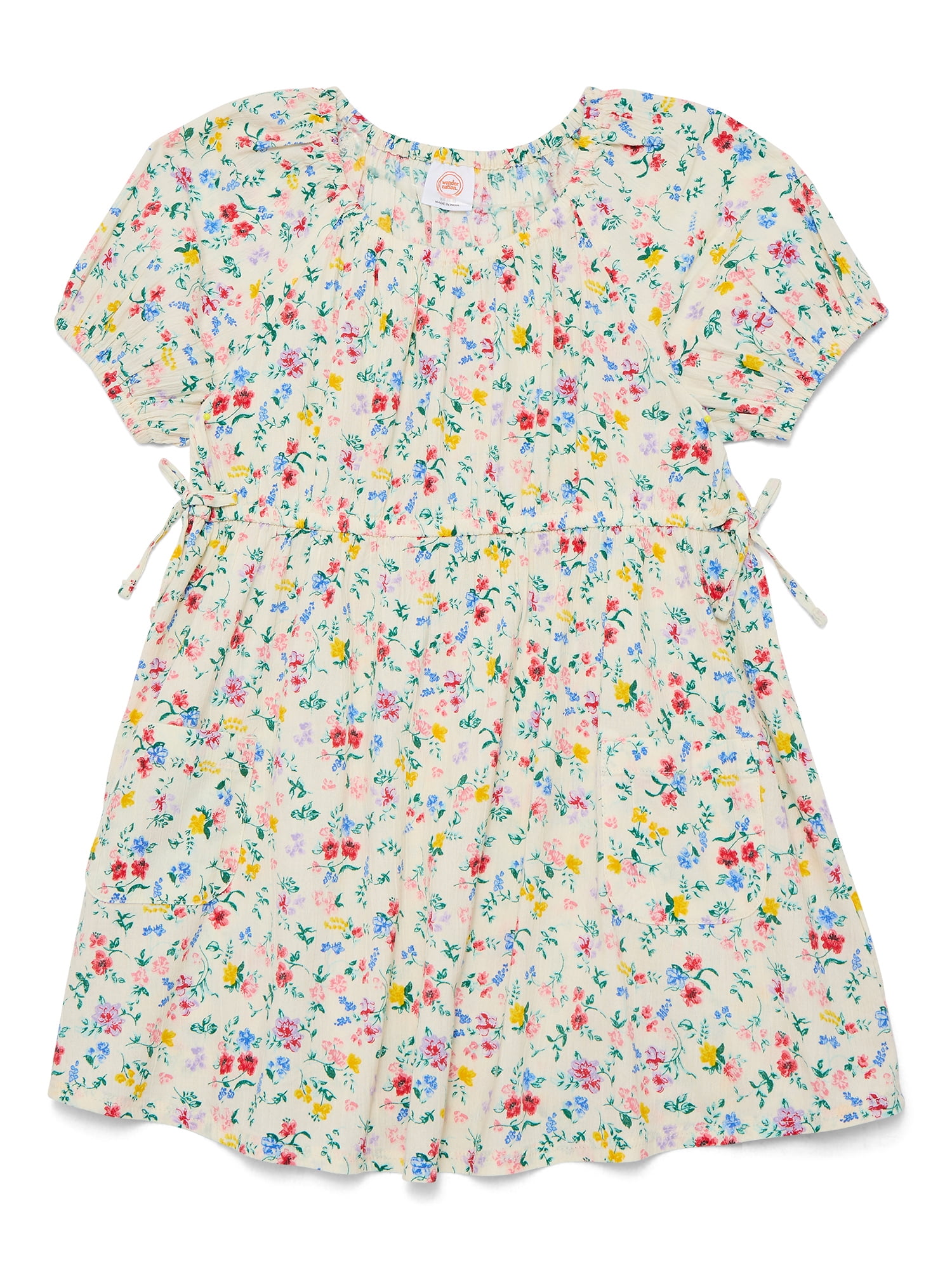 Wonder Nation Girls Print Smock Dress with Puff Sleeves, Sizes 4-18 & Plus