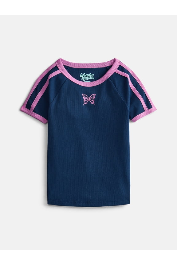 Girls Sporty Graphic Top with Short Sleeves, Sizes 4-18 & Plus