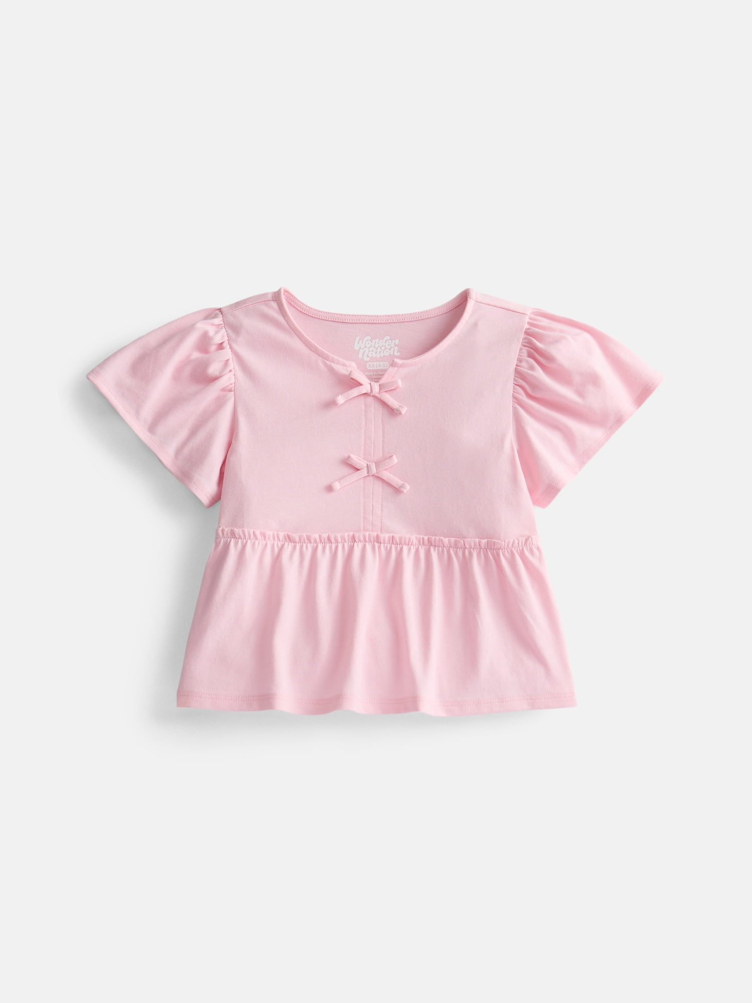 Wonder Nation Girls Bow Front Top with Short Sleeves, Sizes 4-18 & Plus