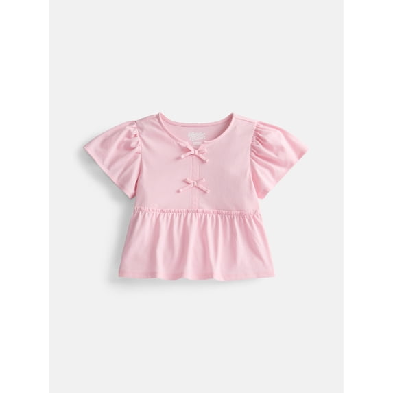Wonder Nation Girls Bow Front Top with Short Sleeves, Sizes 4-18 & Plus