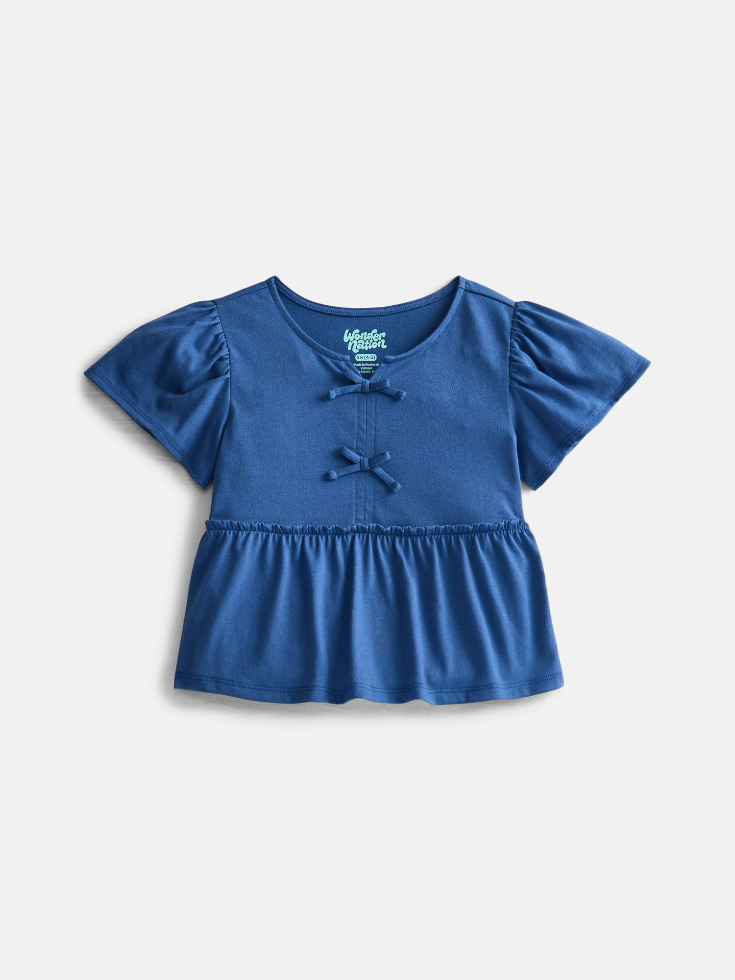 Wonder Nation Girls Bow Front Top with Short Sleeves, Sizes 4-18 & Plus