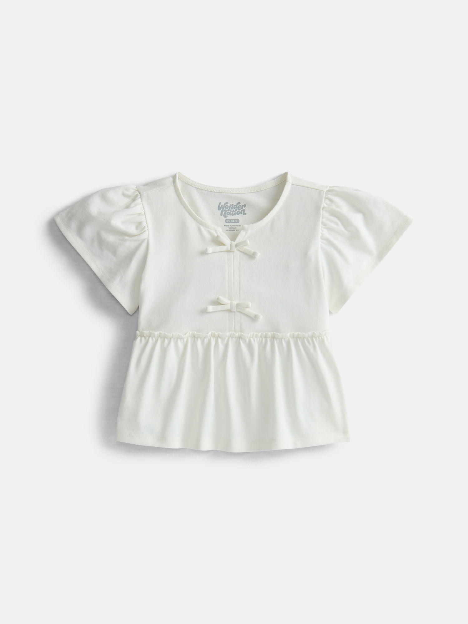 Wonder Nation Girls Bow Front Top with Short Sleeves, Sizes 4-18 & Plus