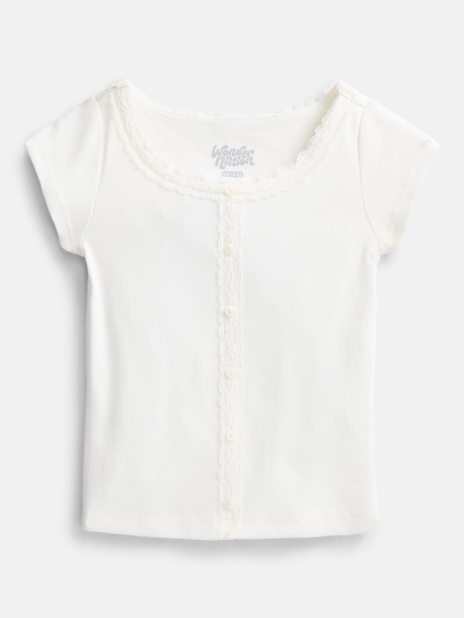 Wonder Nation Girls' Lace and Button Front Top with Short Sleeves, Sizes 4-18 & Plus