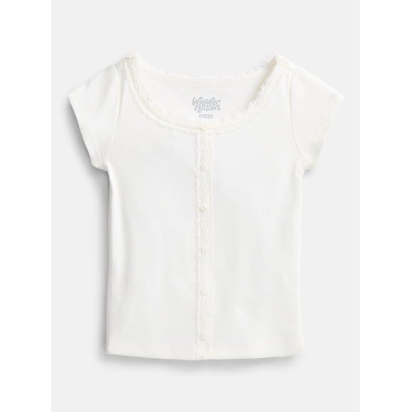 Wonder Nation Girls' Lace and Button Front Top with Short Sleeves, Sizes 4-18 & Plus