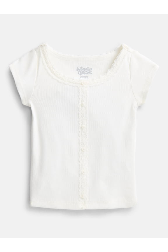 Girls' Lace and Button Front Top with Short Sleeves, Sizes 4-18 & Plus