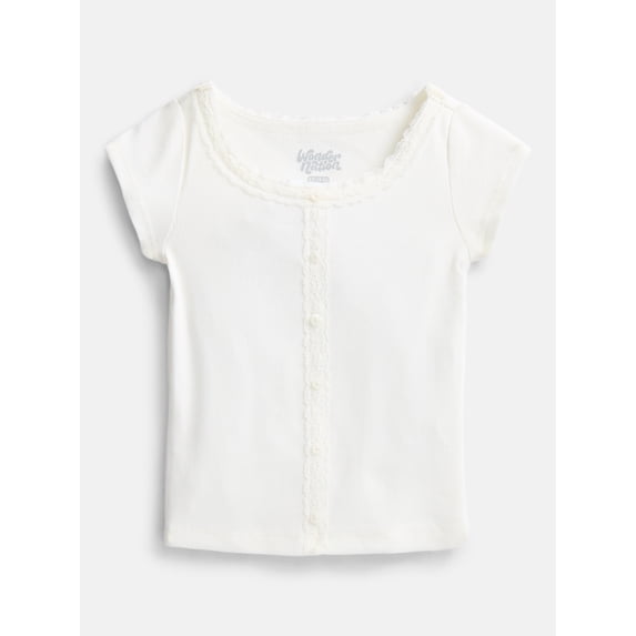 Wonder Nation Girls' Lace and Button Front Top with Short Sleeves, Sizes 4-18 & Plus