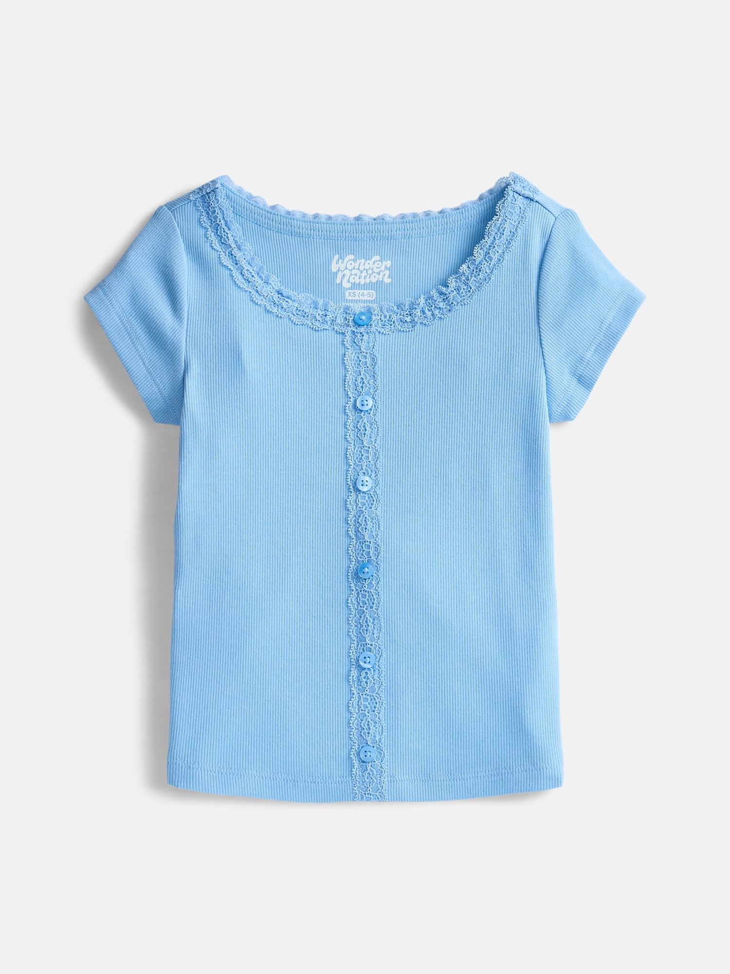 Wonder Nation Girls' Lace and Button Front Top with Short Sleeves, Sizes 4-18 & Plus