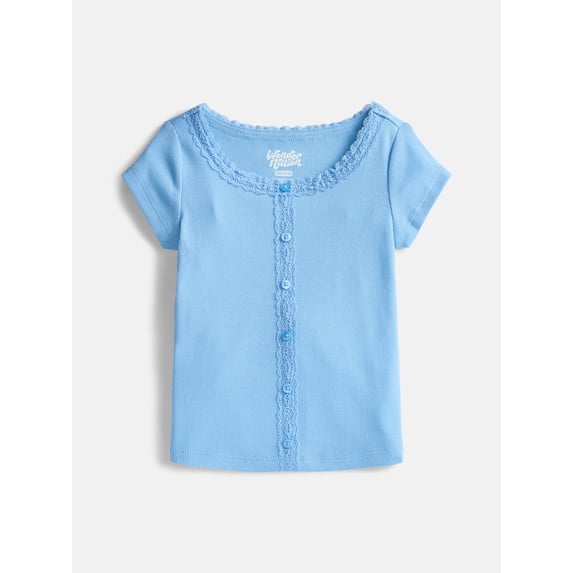Wonder Nation Girls' Lace and Button Front Top with Short Sleeves, Sizes 4-18 & Plus