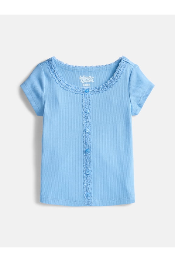 Girls' Lace and Button Front Top with Short Sleeves, Sizes 4-18 & Plus