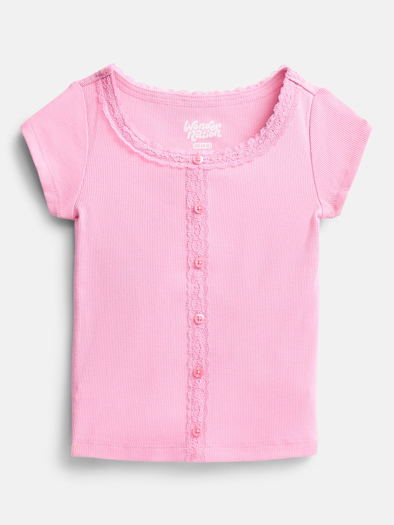 Wonder Nation Girls' Lace and Button Front Top with Short Sleeves, Sizes 4-18 & Plus