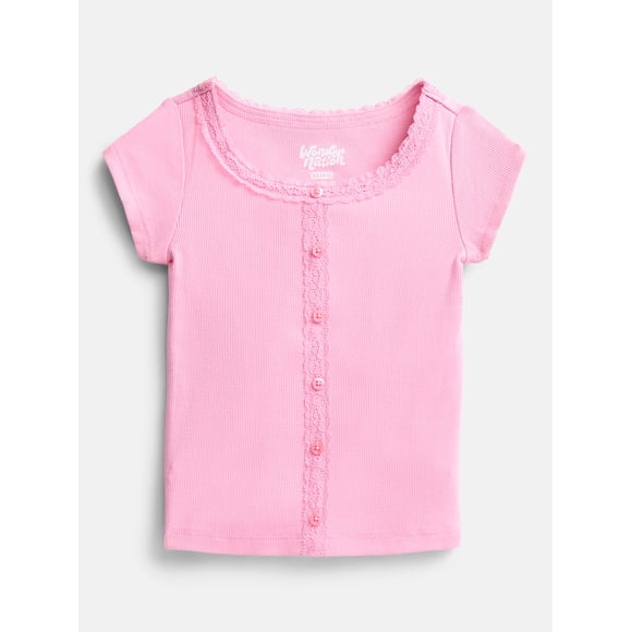 Wonder Nation Girls' Lace and Button Front Top with Short Sleeves, Sizes 4-18 & Plus