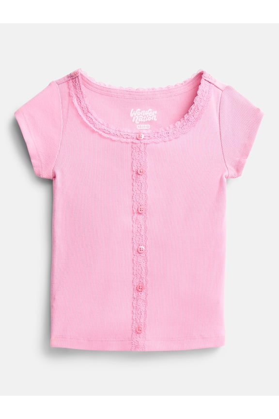 Girls' Lace and Button Front Top with Short Sleeves, Sizes 4-18 & Plus