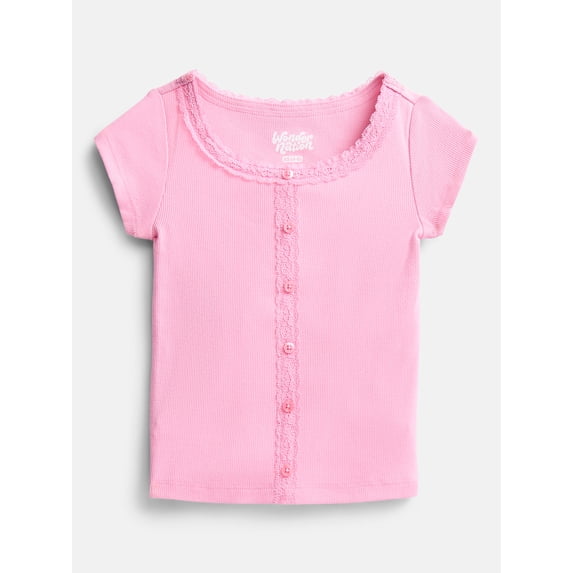 Wonder Nation Girls' Lace and Button Front Top with Short Sleeves, Sizes 4-18 & Plus