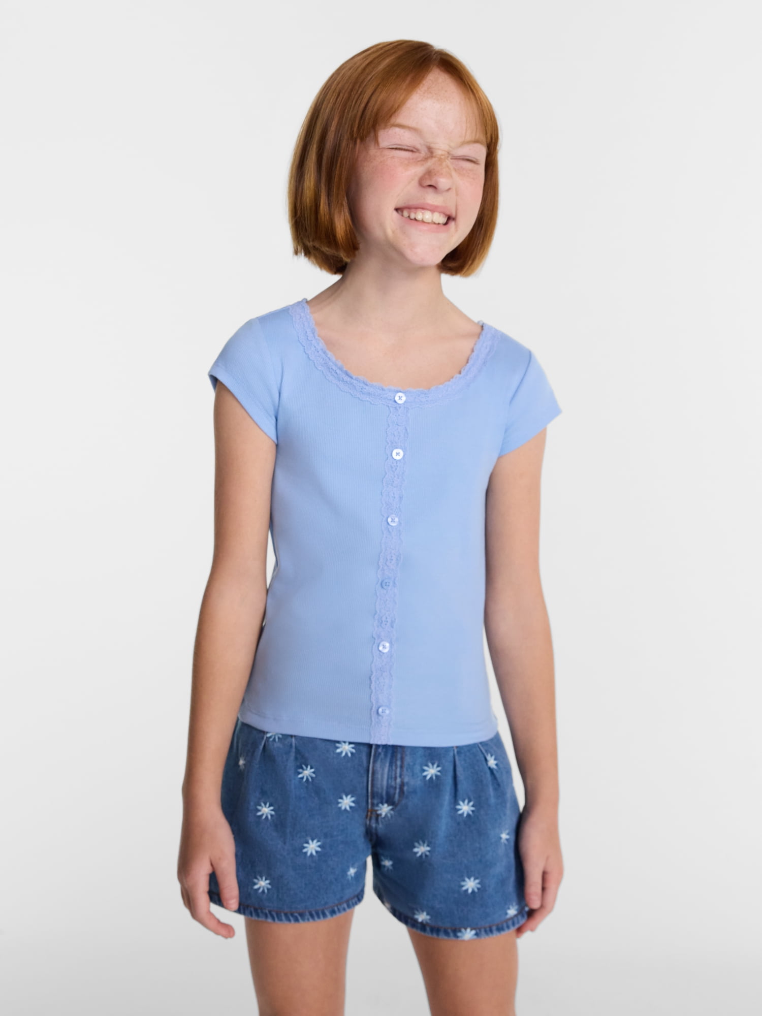 Wonder Nation Girls' Lace and Button Front Top with Short Sleeves, Sizes 4-18 & Plus