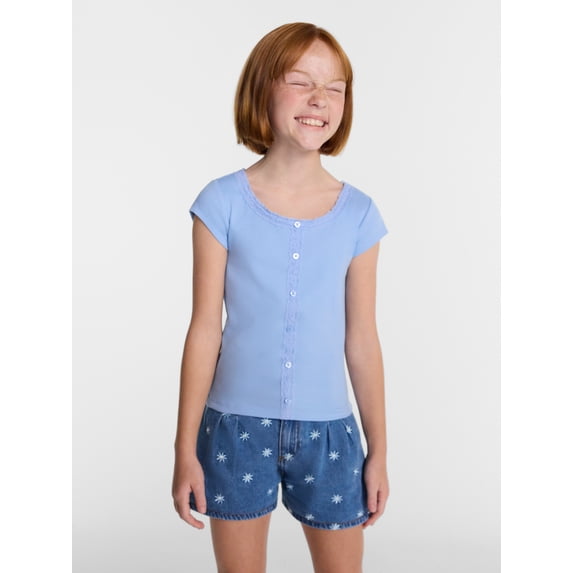 Wonder Nation Girls' Lace and Button Front Top with Short Sleeves, Sizes 4-18 & Plus